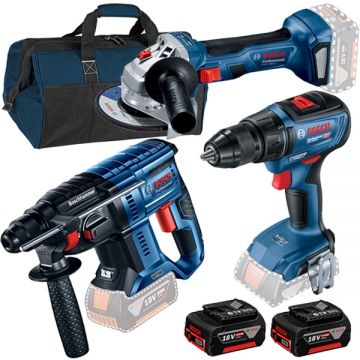 Bosch  GBH 180-LI + GSR 18V-50 + GWS 180-LI + 1600A00B8J + 1619BZ0100 - Rotopercutor SDS-Plus 2 J + Masina de gaurit si insurubat 50 Nm + Polizor unghiular 125 mm + Set 2 acumulatori si incarcator Li-Ion 18 V 5 Ah + Geanta textila