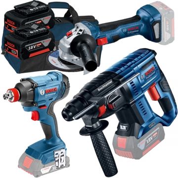 Bosch  GBH 180-LI + GWS 180-LI + GDX 180-LI - Rotopercutor SDS-Plus 2 J + Polizor unghiular 125 mm + Masina de insurubat cu impact 180 Nm M6-M14 + Set 2 acumulatori si incarcator Li-Ion 18 V 5 Ah + Geanta textila