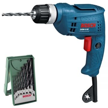 Bosch  GBM 6 RE + X-Line - Masina de gaurit fara percutie 350 W mandrina rapida 10 mm + Set burghie lemn cu varf ascutit 3-10  mm tija cilindrica 7 bucati