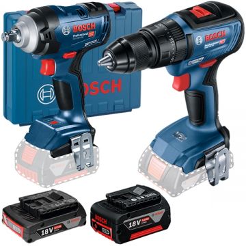 Bosch  GDS 18V-400 + GSB 18V-50 + GBA - Masina de insurubat cu impact 400 Nm M10-M20 valiza plastic + Masina de gaurit si insurubat cu percutie 50 Nm + Acumulator Li-Ion 18 V 2 Ah + Acumulator Li-Ion 18 V 5 Ah + Incarcator