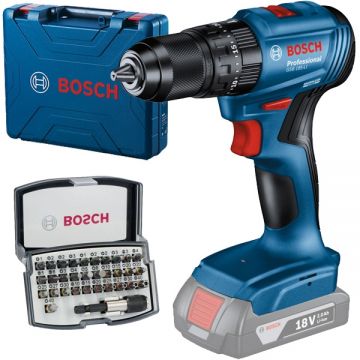 Bosch  GSB 185-LI + 2607017319 - Masina de gaurit si insurubat cu percutie 50 Nm valiza plastic + Set capete de insurubare mixte 32 bucati