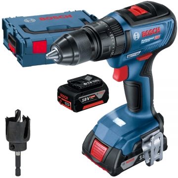 Bosch  GSB 18V-50 + 2609256D02 - Masina de gaurit si insurubat cu percutie cu 2 acumulatori Li-Ion 18 V 5 Ah 50 Nm valiza speciala + Carota pentru lemn 30  mm