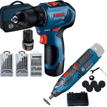 Bosch  GSR 12V-30 + GRO 12V-35 - Masina de gaurit si insurubat cu 2 acumulatori Li-Ion 12 V 2 Ah 30 Nm geanta textila + Polizor drept