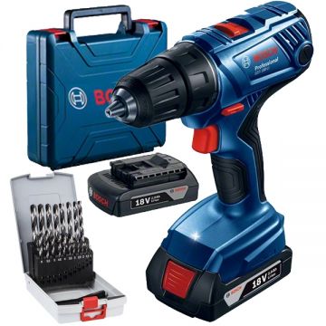 Bosch  GSR 180-LI + 2608577351 - Masina de gaurit si insurubat cu 2 acumulatori Li-Ion 18 V 2 Ah 54 Nm valiza plastic + Set burghie metal HSS-PointTeq 1-10  mm tija cilindrica 19 bucati