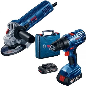 Bosch  GSR 180-LI + GWS 9-125 S - Masina de gaurit si insurubat cu 2 acumulatori Li-Ion 18 V 2 Ah 54 Nm valiza plastic + Polizor unghiular 900 W 125 mm