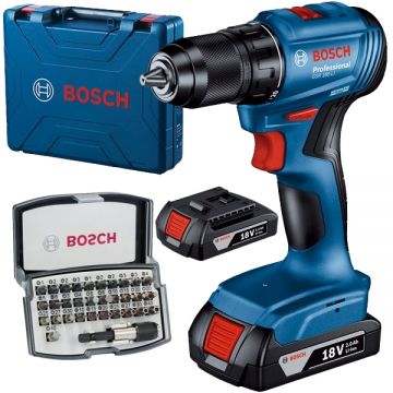 Bosch  GSR 185-LI + 2607017319 - Masina de gaurit si insurubat cu 2 acumulatori Li-Ion 18 V 2 Ah 50 Nm valiza plastic + Set capete de insurubare mixte 32 bucati