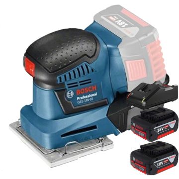 Bosch  GSS 18V-10 + 1600A019S0 - Slefuitor cu vibratii 101x113 mm + Set 2 acumulatori si incarcator Li-Ion 18 V 4 Ah