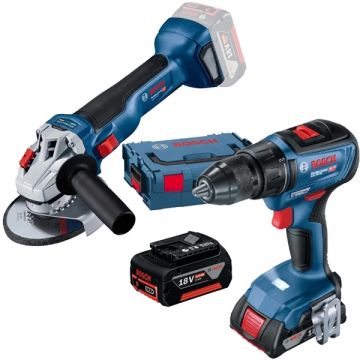 Bosch  GWS 18V-10 + GSR 18V-50 - Polizor unghiular  125 mm + Masina de gaurit si insurubat cu 2 acumulatori Li-Ion 18 V 5 Ah 50 Nm valiza speciala