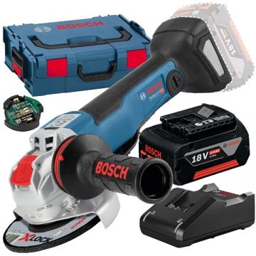 Bosch  GWX 18V-10 PSC X-LOCK + GBA + GAL 18V-40 - Polizor unghiular 125 mm valiza speciala accesorii + Set 1 acumulator si incarcator Li-Ion 18 V 5 Ah