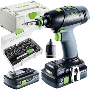 Festool  T 18+3 HPC 4.0 I-Plus - Masina de gaurit si insurubat cu 2 acumulatori Li-Ion 18 V 4 Ah 50 Nm valiza speciala + Set capete de insurubare mixte 16 bucati