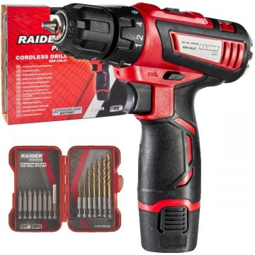 Raider  RD-CDL27 + 157795 - Masina de gaurit si insurubat cu 1 acumulator Li-Ion 12 V 1.5 Ah 28 Nm valiza plastic accesorii + Set accesorii insurubare si burghie metal 15 bucati