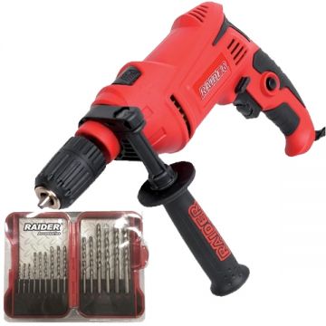 Raider  RD-ID41 + 157790 - Masina de gaurit cu percutie 750 W 13 mm + Set 15 burghie de zidarie 3-10  mm tija cilindrica beton