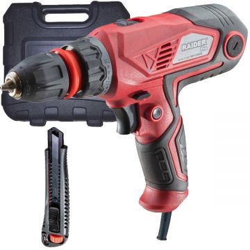 Raider  RDP-CDD09 + 370115  - Masina de gaurit fara percutie 400 W 10 mm 2 trepte viteza valiza plastic + Cutter  18x- mm