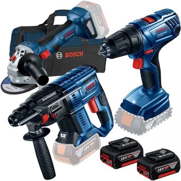 Bosch  GBH 180-LI + GSR 180-LI + GWS 180-LI - Rotopercutor SDS-Plus 2 J + Masina de gaurit si insurubat 54 Nm + Set 2 acumulatori si incarcator Li-Ion 18 V 4 Ah + Geanta textila + Polizor unghiular fara acumulatori si incarcator Li-Ion 18 V - Ah 125 mm