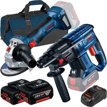 Bosch  GBH 180-LI + GWS 180-LI + GBA + GAL 1880 CV + 1619BZ0100 - Rotopercutor SDS-Plus 2 J + Polizor unghiular 125 mm + Set 2 acumulatori si incarcator Li-Ion 18 V 5 Ah + Geanta textila