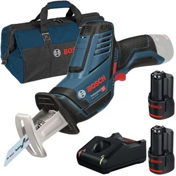 Bosch  GSA 12V-14 + 1600A019RD + 1619BZ0100 - Fierastrau sabie + Set 2 acumulatori si incarcator Li-Ion 12 V 3 Ah + Geanta textila
