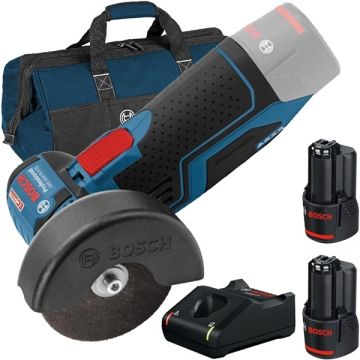Bosch  GWS 12V-76 + 1600A019RD + 1619BZ0100 - Polizor unghiular 76 mm + Set 2 acumulatori si incarcator Li-Ion 12 V 3 Ah + Geanta textila
