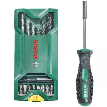 Bosch  Mini-X-Line - Set accesorii insurubare si burghie mixte 15 bucati