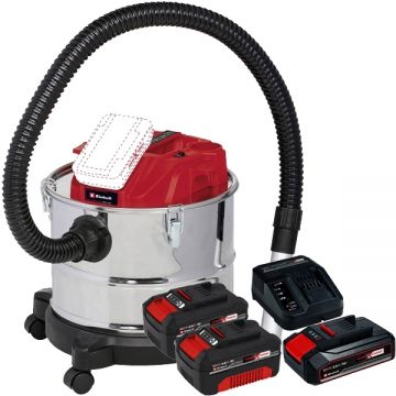 Einhell  TE-AV 18/15 Li C PXC + Starter Kit + Twinpack- Aspirator pentru cenusa 100 mbar + Set 1 acumulator si incarcator Li-Ion 18 V 2.5 Ah + Set 2 acumulatori Li-Ion 18 V 4 Ah