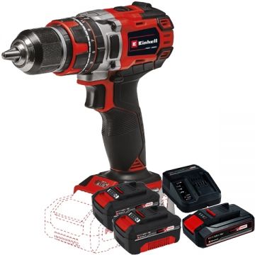 Einhell  TE-CD 18/50 Li-i BL PXC + Starter Kit + Twinpack - Masina de gaurit si insurubat cu percutie 50 Nm + Set 1 acumulator si incarcator Li-Ion 18 V 2.5 Ah + Set 2 acumulatori Li-Ion 18 V 4 Ah