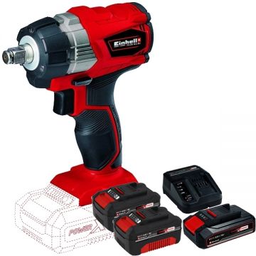 Einhell  TE-CW 18 Li PXC+ Starter Kit + Twinpack - Masina de insurubat cu impact 215 Nm + Set 1 acumulator si incarcator Li-Ion 18 V 2.5 Ah + Set 2 acumulatori Li-Ion 18 V 4 Ah
