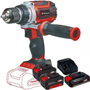 Einhell  TP-CD 18/60 Li BL PXC + Starter Kit + Twinpack - Masina de gaurit si insurubat 60 Nm + Set 1 acumulator si incarcator Li-Ion 18 V 2.5 Ah + Set 2 acumulatori Li-Ion 18 V 4 Ah