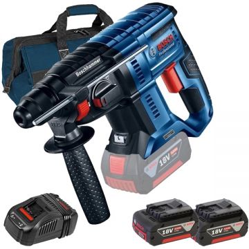 Bosch  GBH 180-LI + 1600A00B8J + 1619BZ0100 - Rotopercutor SDS-Plus 2 J motor fara perii + Set 2 acumulatori si incarcator Li-Ion 18 V 5 Ah + Geanta textila