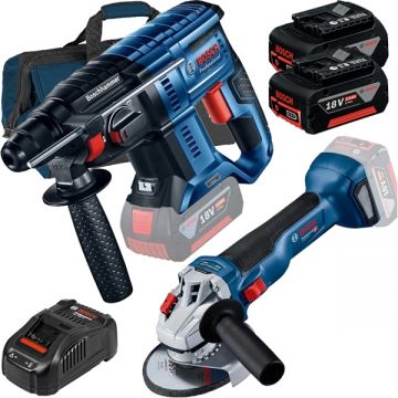 Bosch  GBH 180-LI + GWS 18V-10 + GBA + GAL 1880 CV + 1619BZ0100 - Rotopercutor SDS-Plus 2 J + Polizor unghiular 125 mm + Set 2 acumulatori si incarcator Li-Ion 18 V 5 Ah + Geanta textila