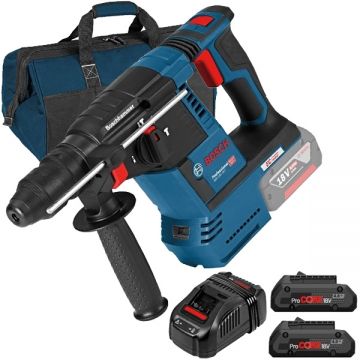 Bosch  GBH 18V-26 + 1600A016GF + 1619BZ0100 - Rotopercutor SDS-Plus 2.6 J + Set 2 acumulatori si incarcator Li-Ion 18 V 4 Ah + Geanta textila