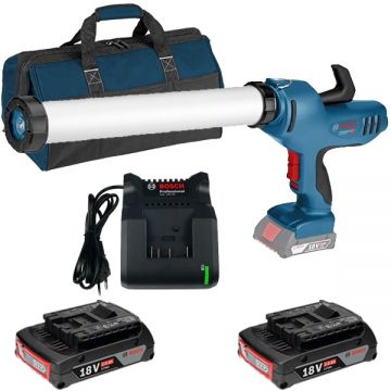 Bosch  GCG 18V-600 + GBA + GAL 18V-20 + 1619BZ0100 - Pistol pentru etansare 3500 N + Set 2 acumulatori si incarcator Li-Ion 18 V 2 Ah + Geanta textila