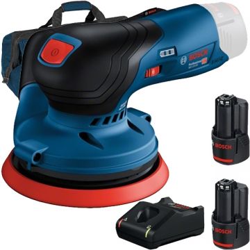 Bosch  GEX 12V-125 + 1600A019R8 + 1619BZ0100 - Slefuitor cu excentric 125 mm + Set 2 acumulatori si incarcator Li-Ion 12 V 2 Ah + Geanta textila