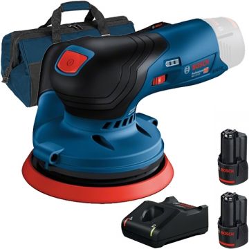 Bosch  GEX 12V-125 + 1600A019RD + 1619BZ0100 - Slefuitor cu excentric 125 mm + Set 2 acumulatori si incarcator Li-Ion 12 V 3 Ah + Geanta textila