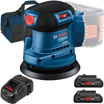 Bosch  GEX 185-LI + 1600A016GF + 1619BZ0100 - Slefuitor cu excentric 125 mm + Set 2 acumulatori si incarcator Li-Ion 18 V 4 Ah + Geanta textila