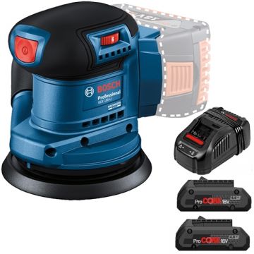 Bosch  GEX 185-LI + 1600A016GF - Slefuitor cu excentric 125 mm + Set 2 acumulatori si incarcator Li-Ion 18 V 4 Ah