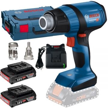 Bosch  GHG 18V-50 + GBA + GAL 18V-20 - Suflanta cu aer cald 300-500 grade C valiza speciala + Set 2 acumulatori si incarcator Li-Ion 18 V 2 Ah