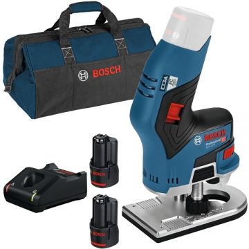 Bosch  GKF 12V-8 + 1600A019RD + 1619BZ0100 - Masina de frezat 8 mm + Set 2 acumulatori si incarcator Li-Ion 12 V 3 Ah + Geanta textila