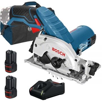 Bosch  GKS 12V-26 + 1600A019RD + 1619BZ0100 - Fierastrau circular 85x15 mm + Set 2 acumulatori si incarcator Li-Ion 12 V 3 Ah + Geanta textila