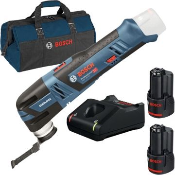 Bosch  GOP 12V-28 + 1600A019RD + 1619BZ0100 - Multicutter +  Set 2 acumulatori si incarcator Li-Ion 12 V 3 Ah + Geanta textila