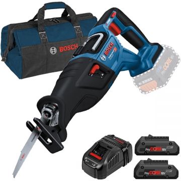 Bosch  GSA 185-LI + 1600A016GF + 1619BZ0100 - Fierastrau sabie + Set 2 acumulatori si incarcator Li-Ion 18 V 4 Ah + Geanta textila