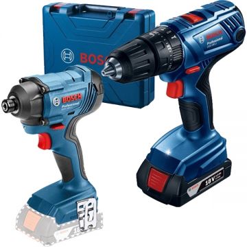 Bosch  GSB 180-LI + GDR 180-LI - Masina de gaurit si insurubat cu percutie cu 1 acumulator Li-Ion 18 V 2 Ah 54 Nm valiza plastic + Masina de insurubat cu impact 160 Nm M6-M14