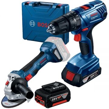 Bosch  GSB 180-LI + GWS 180-LI + GBA - Masina de gaurit si insurubat cu percutie cu 1 acumulator Li-Ion 18 V 2 Ah 54 Nm valiza plastic + Polizor unghiular 125 mm + Acumulator Li-Ion 18 V 5 Ah