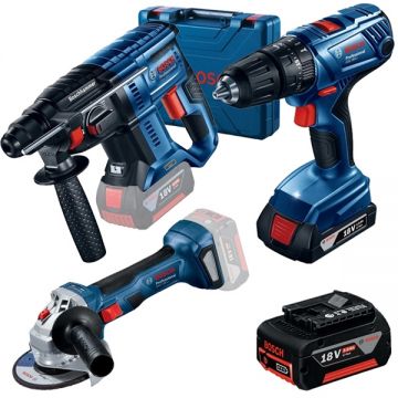 Bosch  GSB 180-LI + GWS 180-LI + GBH 180-LI + GBA - Masina de gaurit si insurubat cu percutie cu 1 acumulator Li-Ion 18 V 2 Ah 54 Nm valiza plastic + Polizor unghiular 125 mm + Rotopercutor SDS-Plus 2 J + Acumulator Li-Ion 18 V 5 Ah