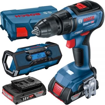 Bosch  GSR 18V-50 + GPB 18V-2 C - Masina de gaurit si insurubat cu 2 acumulatori Li-Ion 18 V 2 Ah 50 Nm valiza plastic + Radio