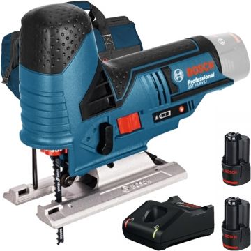 Bosch  GST 12V-70 + 1600A019R8 + 1619BZ0100 - Fierastrau pendular + Set 2 acumulatori si incarcator Li-Ion 12 V 2 Ah + Geanta