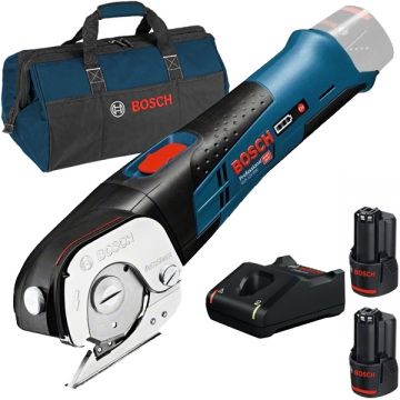 Bosch  GUS 12V-300 + 1600A019RD + 1619BZ0100 - Foarfeca + Set 2 acumulatori si incarcator Li-Ion 12 V 3 Ah + Geanta textila