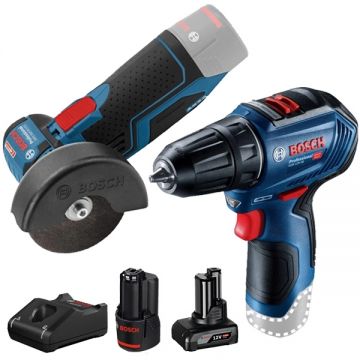 Bosch  GWS 12V-76 + GSR 12V-30 + 1600A01NC9 - Polizor unghiular 76 mm + Masina de gaurit si insurubat 30 Nm + Set 2 acumulatori si incarcator Li-Ion 12 V 2/4 Ah
