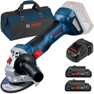 Bosch  GWS 180-LI + 1600A016GF + 1619BZ0100 - Polizor unghiular 125 mm + Set 2 acumulatori si incarcator Li-Ion 18 V 4 Ah + Geanta textila