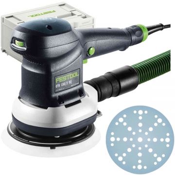 Festool  ETS 150/3 EQ-Plus - Slefuitor cu excentric 310 W 150 mm valiza speciala + Set foi abrazive rotunde 150 mm granulatie 40 48 gauri 50 bucati