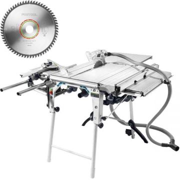 Festool  PRECISIO CS 70 EBG-Set + LAMINATE/HPL HW - Fierastrau circular de masa 2100 W 225x30 mm picioare sustinere cadru accesorii + Panza fierastrau circular panouri laminate 225x30x2.6 mm 64 dinti