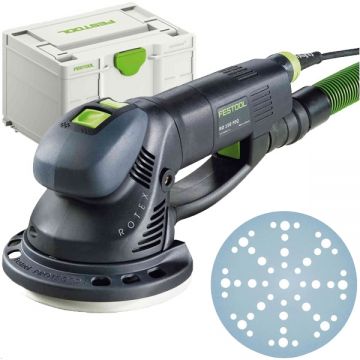 Festool  ROTEX RO 150 FEQ-Plus - Slefuitor cu excentric 720 W 150 mm valiza speciala + Set foi abrazive rotunde 150 mm granulatie 100 48 gauri 100 bucati